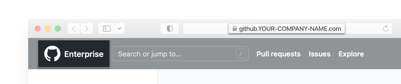 ブラウザーのアドレス バーと GitHub Enterprise Server ヘッダーのスクリーンショット