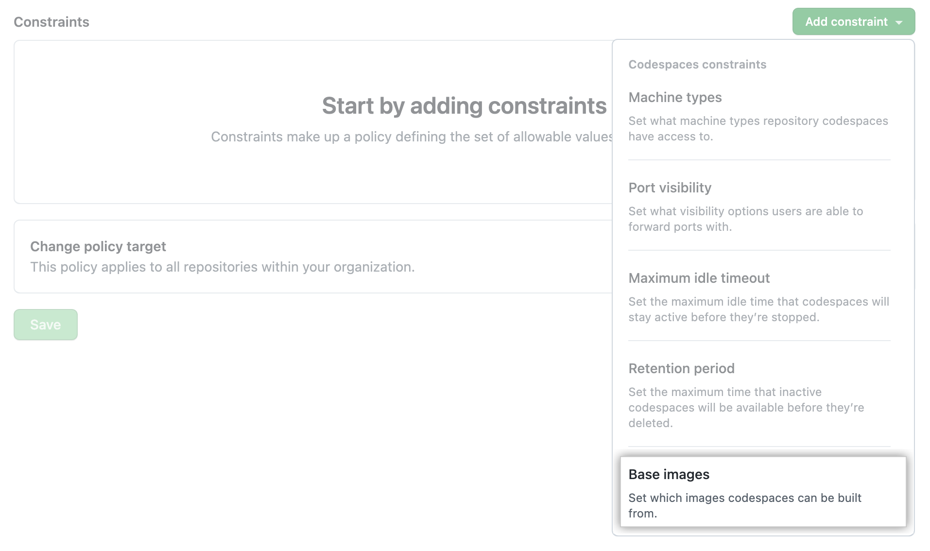 Captura de tela do menu suspenso 'Adicionar restrição'