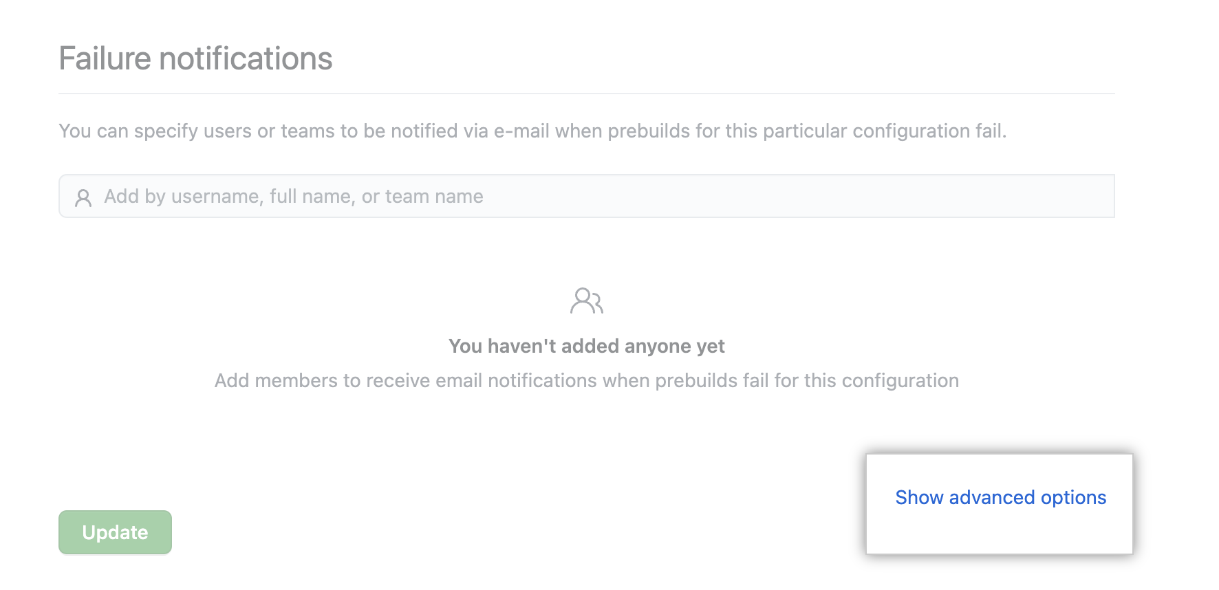 Screenshot of the prebuild configuration page, with "Show advanced options" highlighted