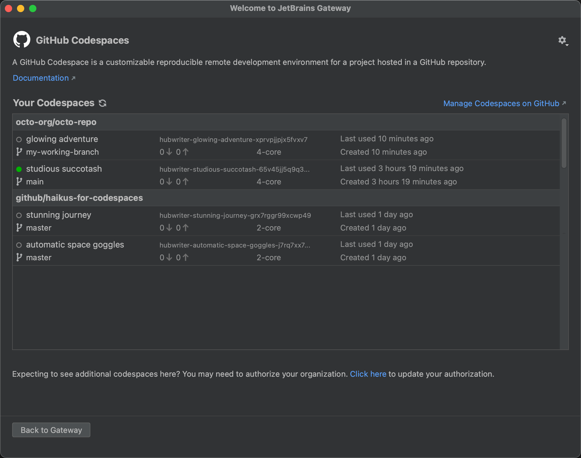 Captura de tela da lista de codespaces do JetBrains Gateway