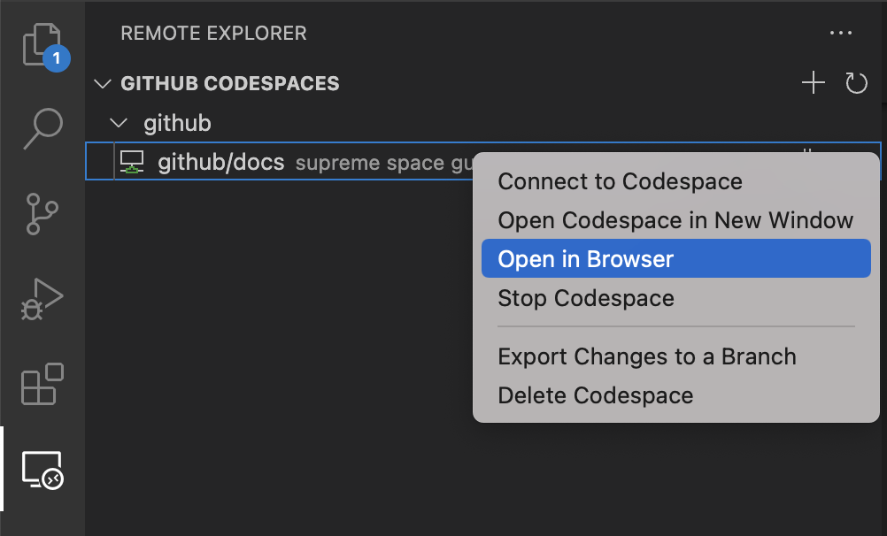 Captura de tela de um codespace selecionado no Gerenciador Remoto, com a opção "Abrir no Navegador" realçada