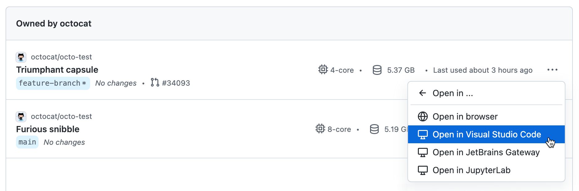 Captura de tela da página "Abrir em", com a opção "Abrir no Visual Studio Code" realçada