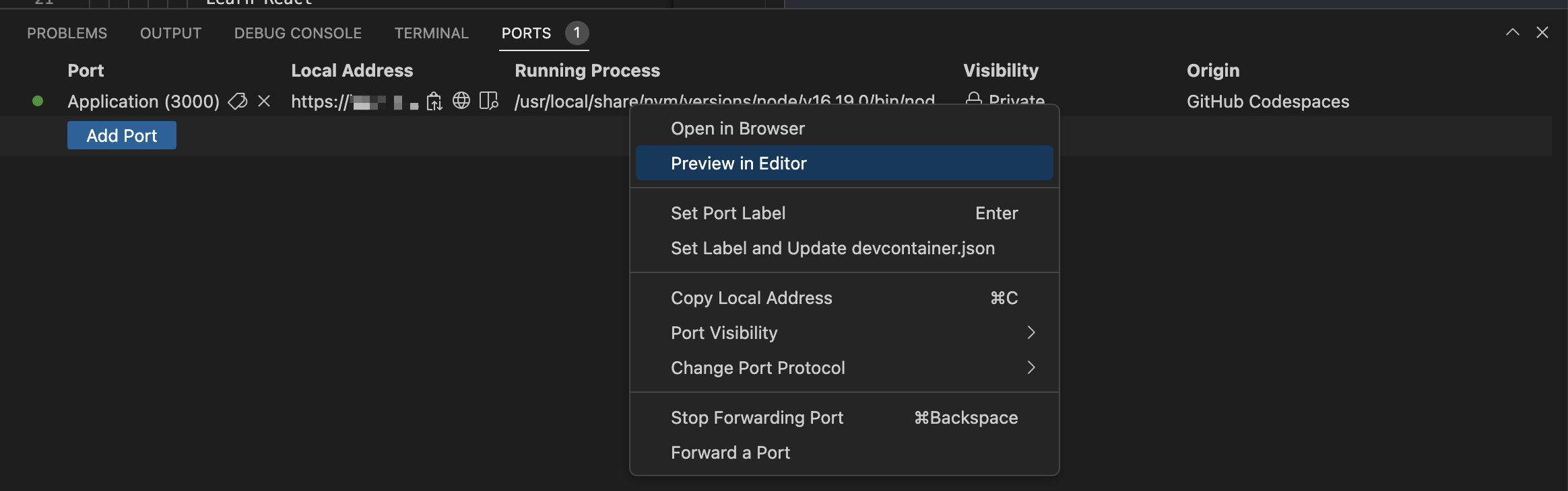 Screenshot of the VS Code Ports tab. The menu entry "Preview in Editor" is highlighted in a context menu