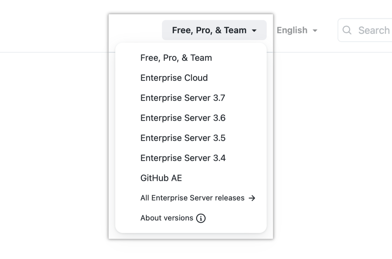 Screenshot of the dropdown menu for picking a version of GitHub Docs to view