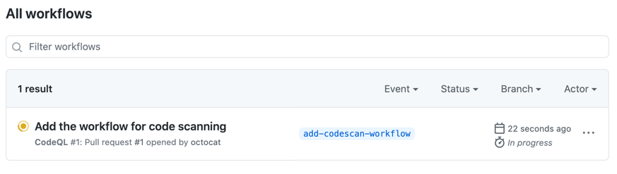 code scanning ワークフローを表示しているアクションのリスト