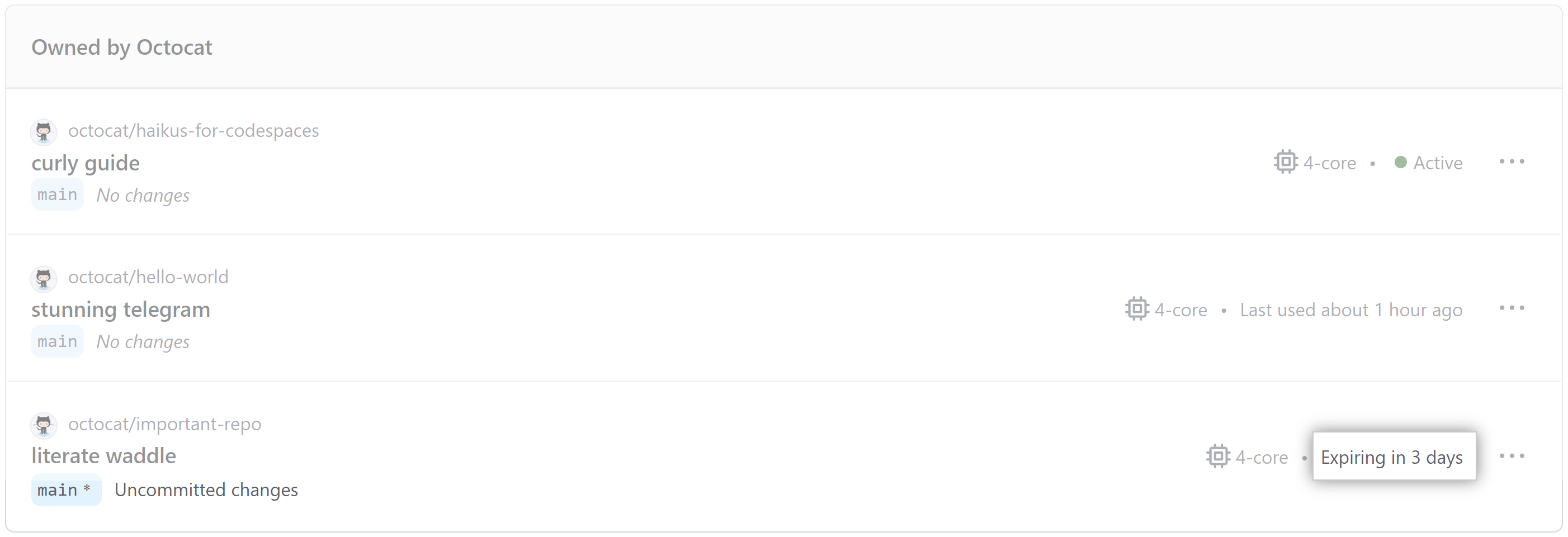 GitHub 上的 codespace 列表中的预删除消息