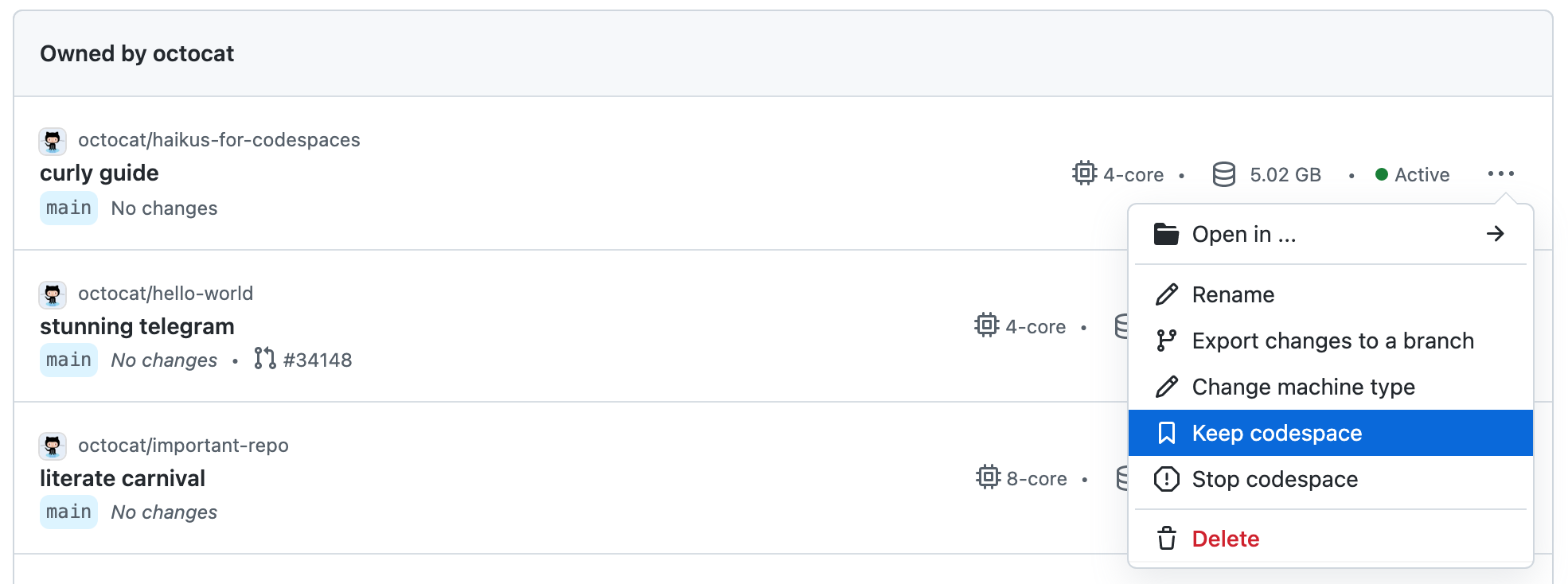 “保留 codespace”按钮的屏幕截图