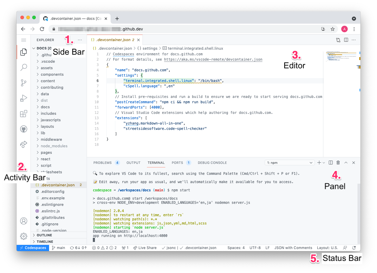 浏览器中 codespace 的带有批注的屏幕截图