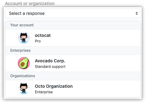 Capture d’écran du menu déroulant « Compte ou organisation ».