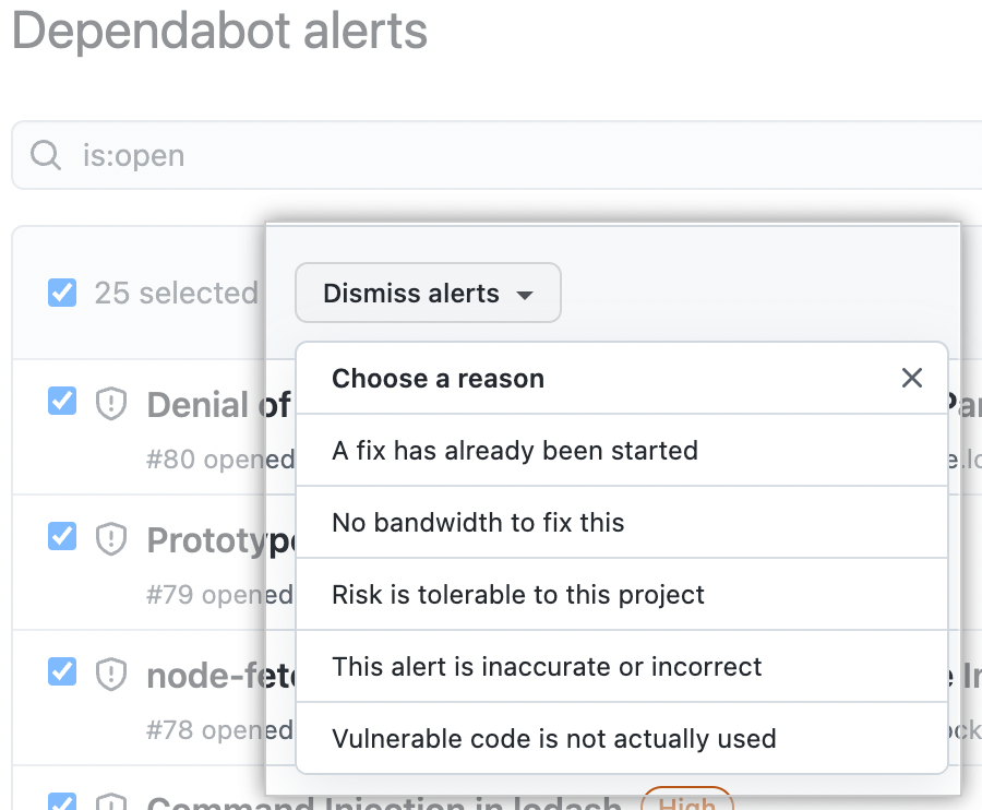 Screenshot of open alerts page with "Dismiss alerts" drop-down emphasized