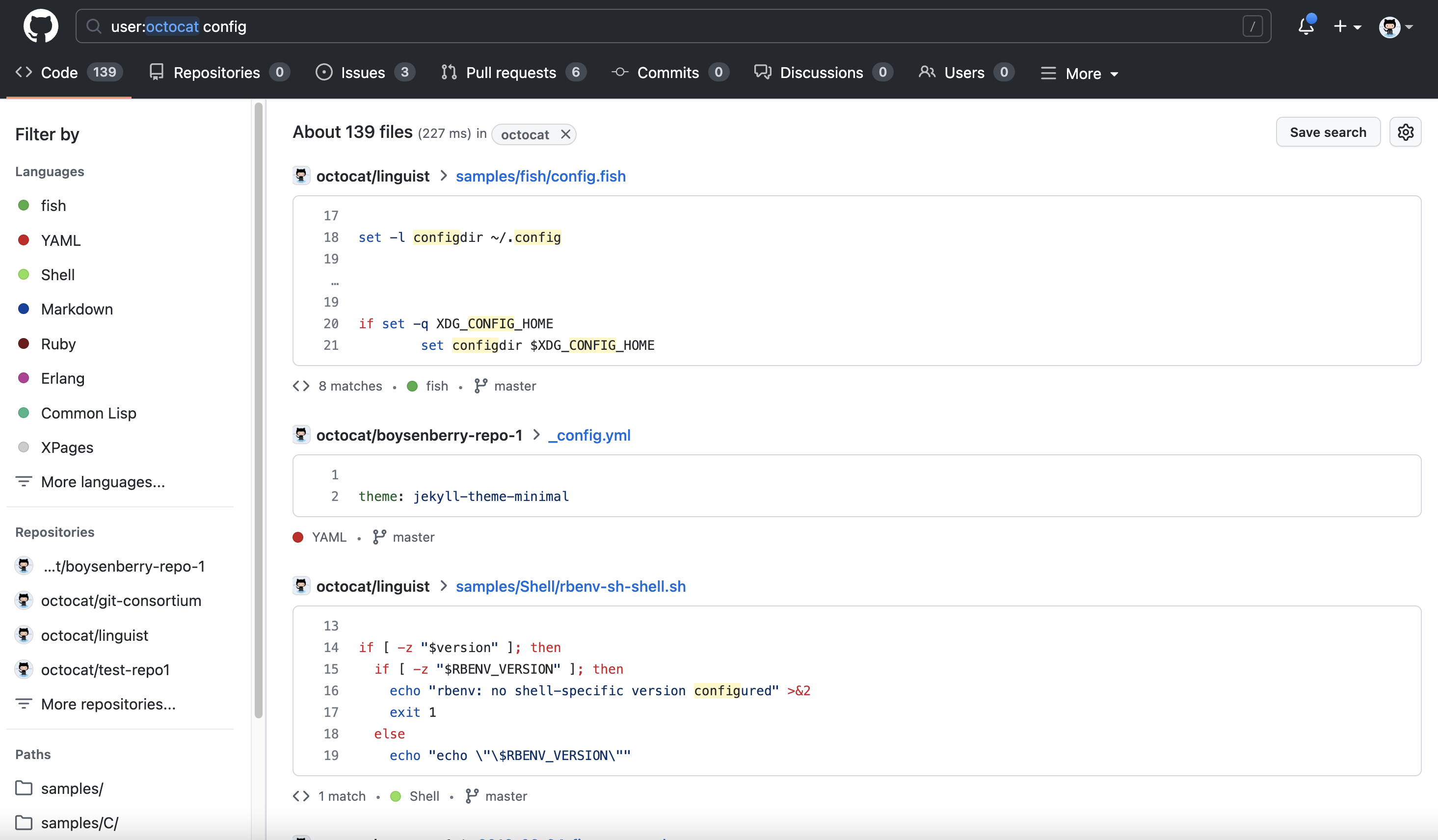Search results view