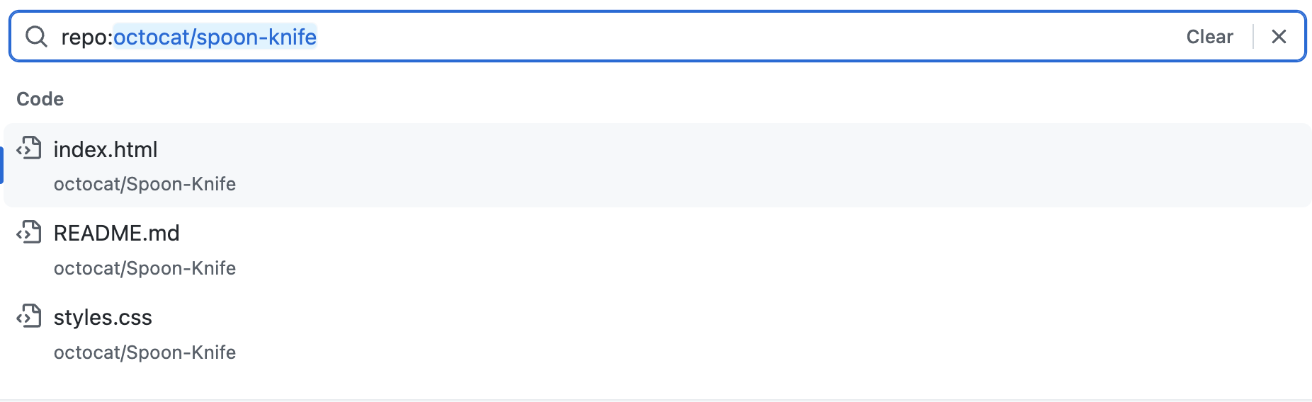 Search bar with a query and code suggestions