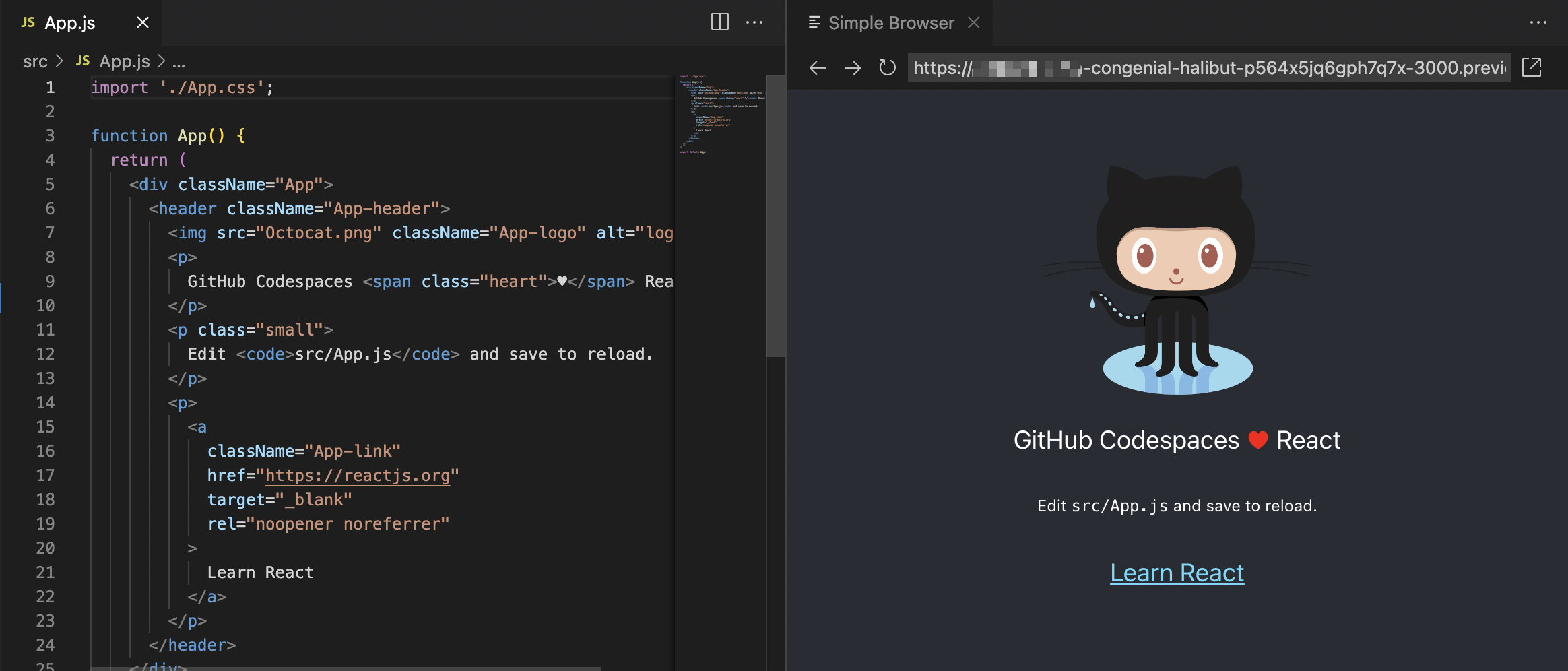 Снимок экрана: шаблон React, выполняющийся в codespace