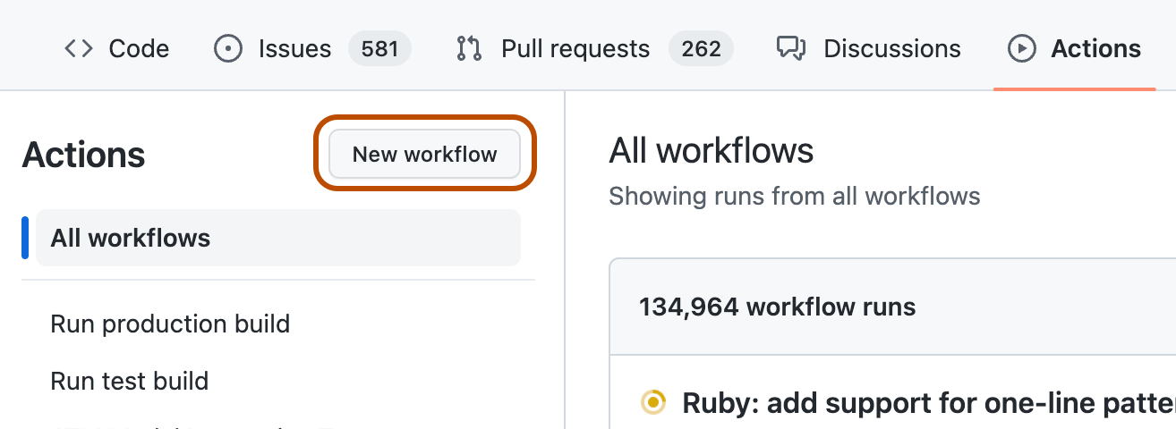 Screenshot of the Actions tab for a repository. The "New workflow" button is highlighted with an orange outline