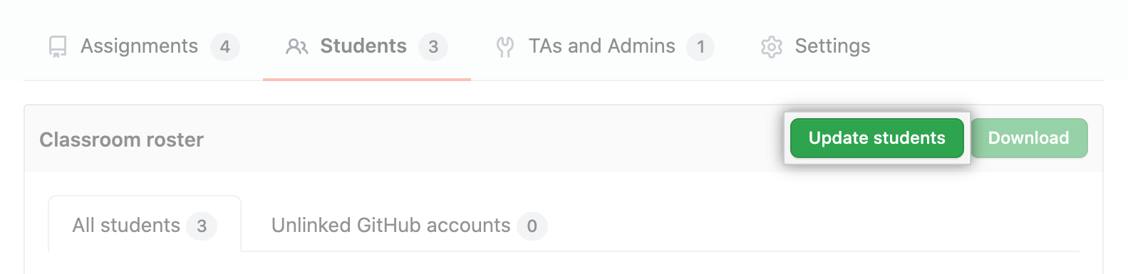 "Update students" button to the right of "Classroom roster" heading above list of students