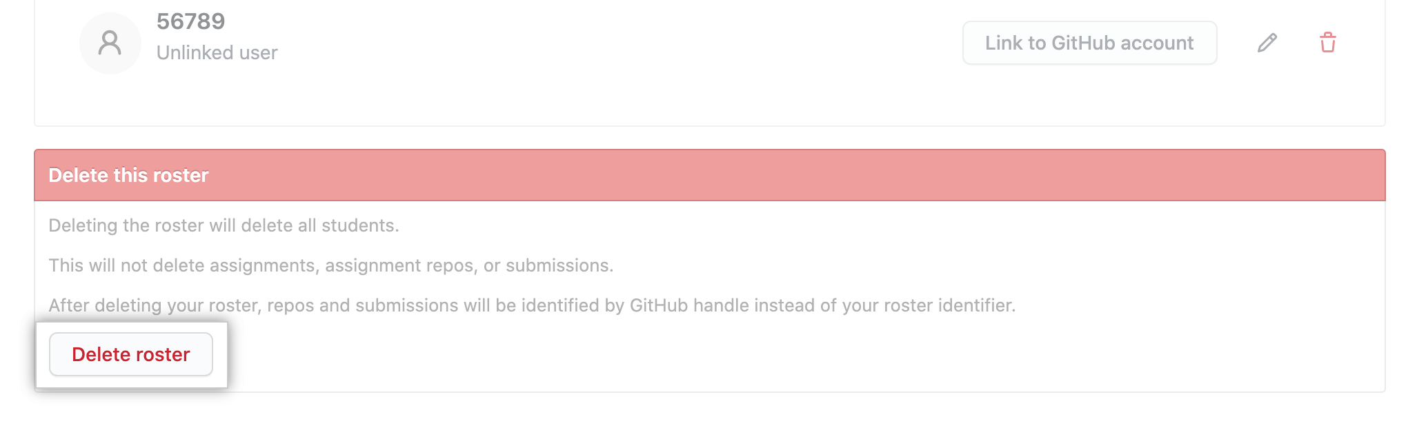 "Delete roster" button under "Delete this roster" in "Students" tab for a classroom