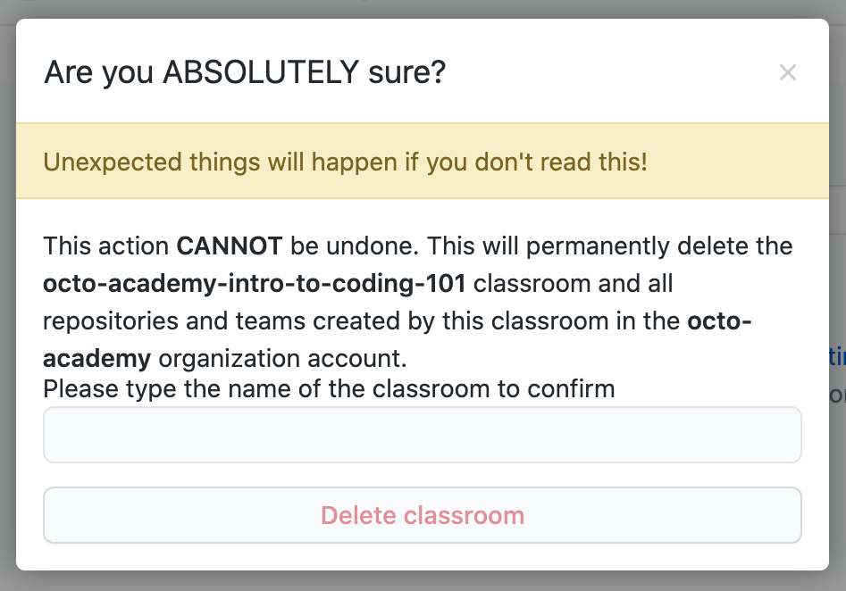 Modal for deleting a classroom with warnings and text field for classroom name