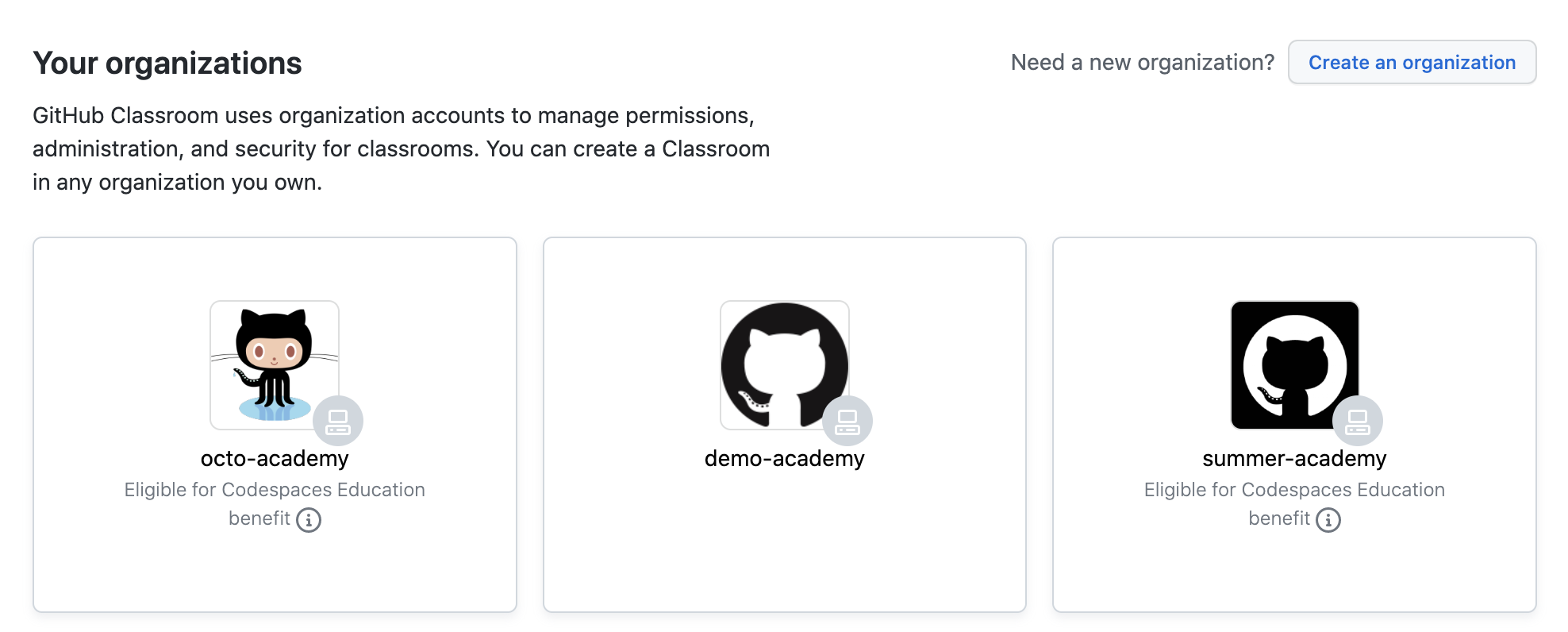 Choose organization for classroom with codespaces eligibility