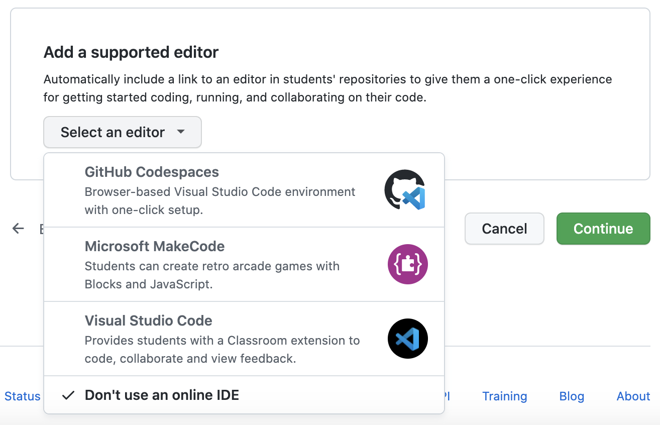 Select Codespaces as supported editor for assignment