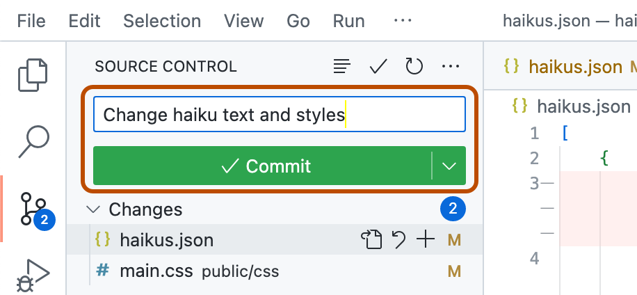 Source control side bar with a commit message