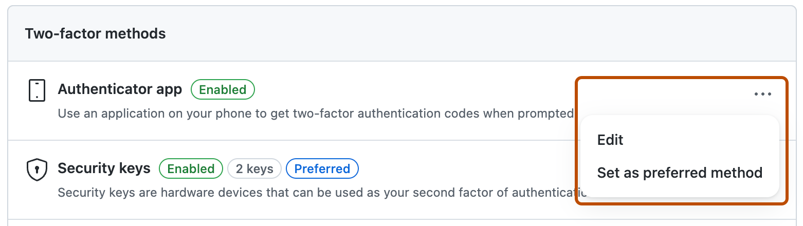 Screenshot of the "Set as preferred method" button in the 2FA settings