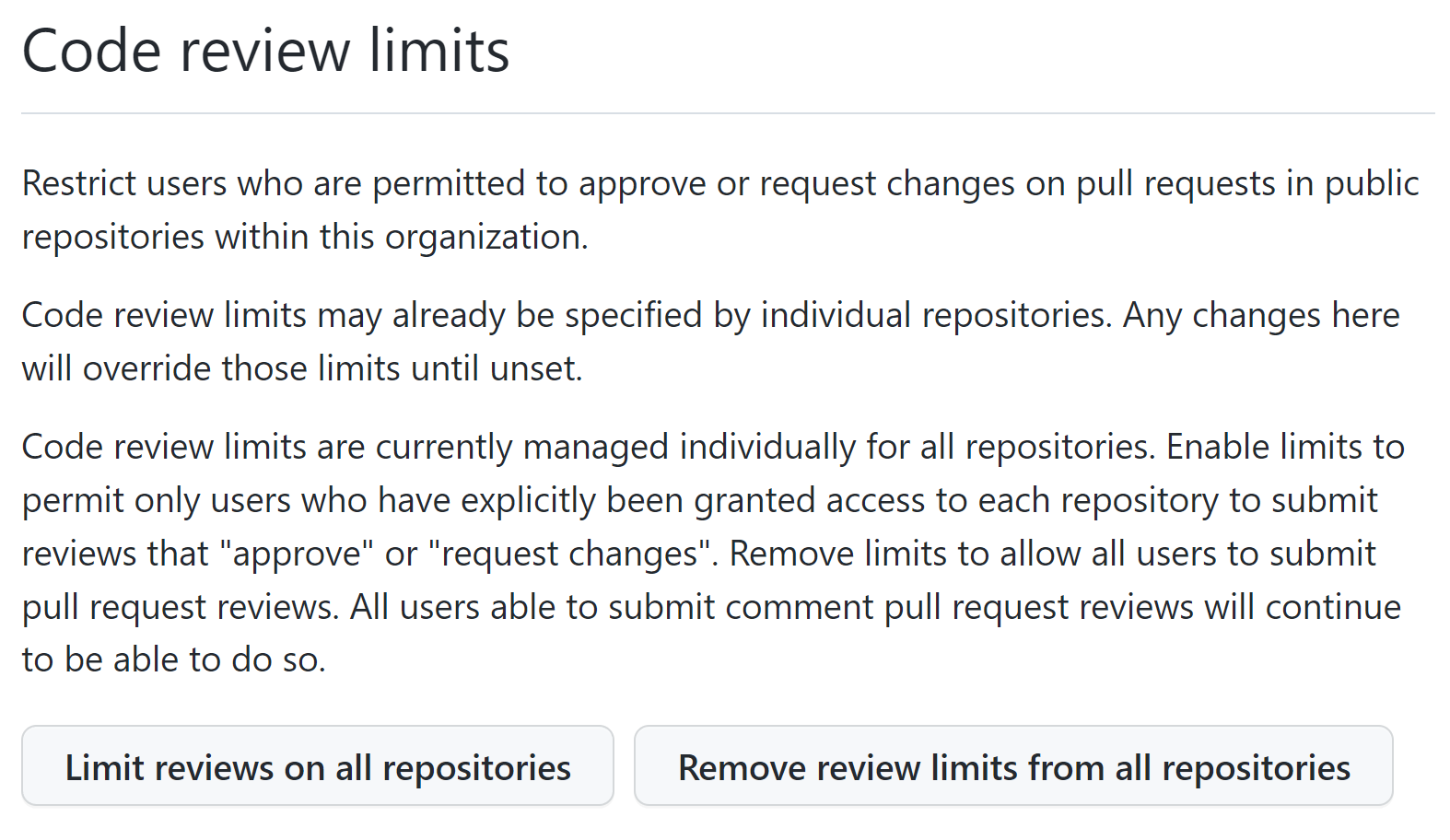 Screenshot of code review limits settings for organizations
