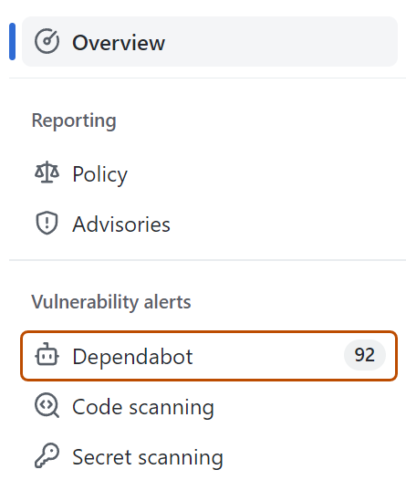 Screenshot of the security overview page, with the "Dependabot" tab highlighted with a dark orange outline.