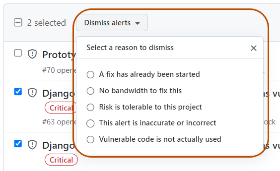Screenshot of open alerts page with "Dismiss alerts" drop-down emphasized