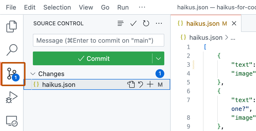 Screenshot of the VS Code Activity Bar with the Source Control button highlighted with an orange outline.