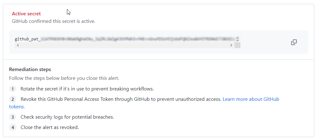 GitHub トークンの UI のスクリーンショット。有効性チェックと推奨される修復手順が表示されています。