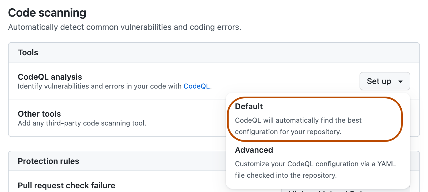 [既定] セットアップ オプションが強調された [Code scanning] セクションのスクリーンショット