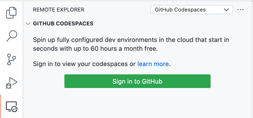 Screenshot of the "Remote Explorer" sidebar for "GitHub Codespaces" with the "Sign in to GitHub" button displayed.