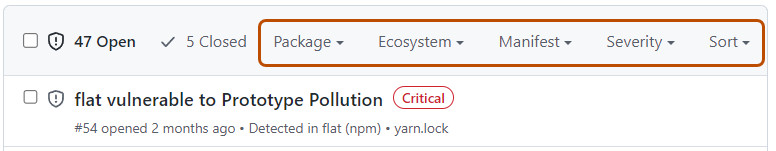 Screenshot of the filter and sort menus in the Dependabot alerts tab