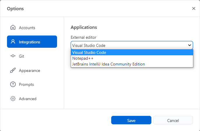 The External editor menu in the Options menu bar