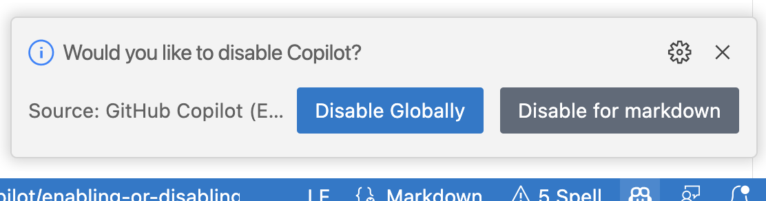 Screenshot of option to disable GitHub Copilot globally or for the current language