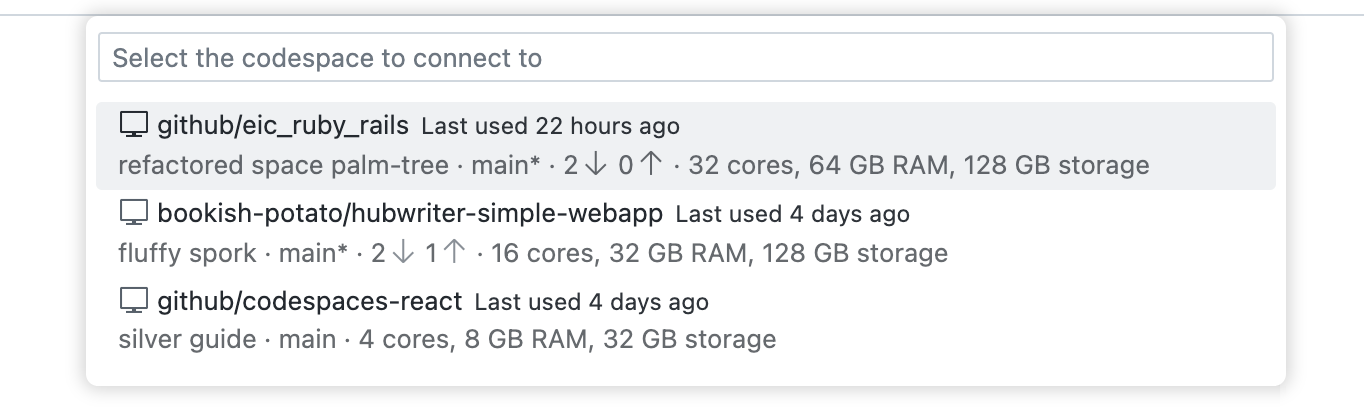 Screenshot of the VS Code Command Palette showing a list of codespaces available to connect to.