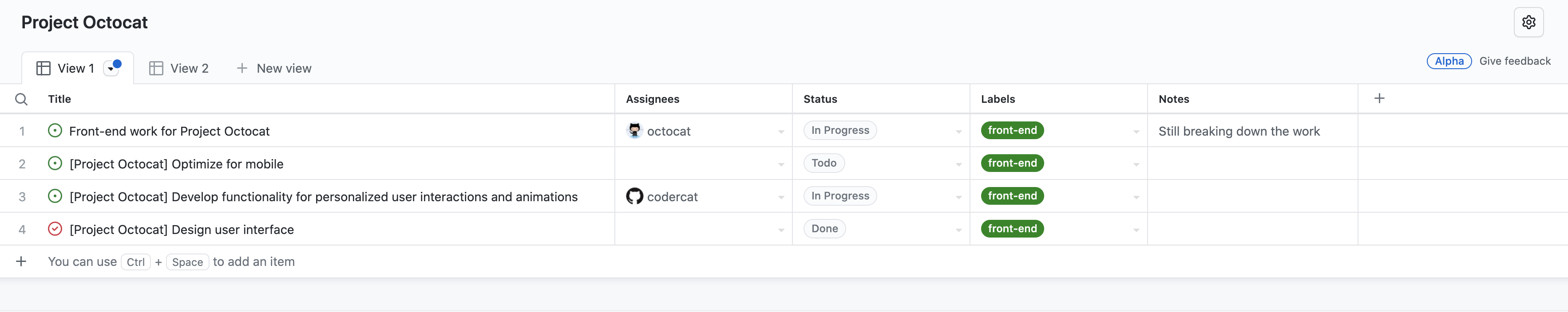 Projects table layout example