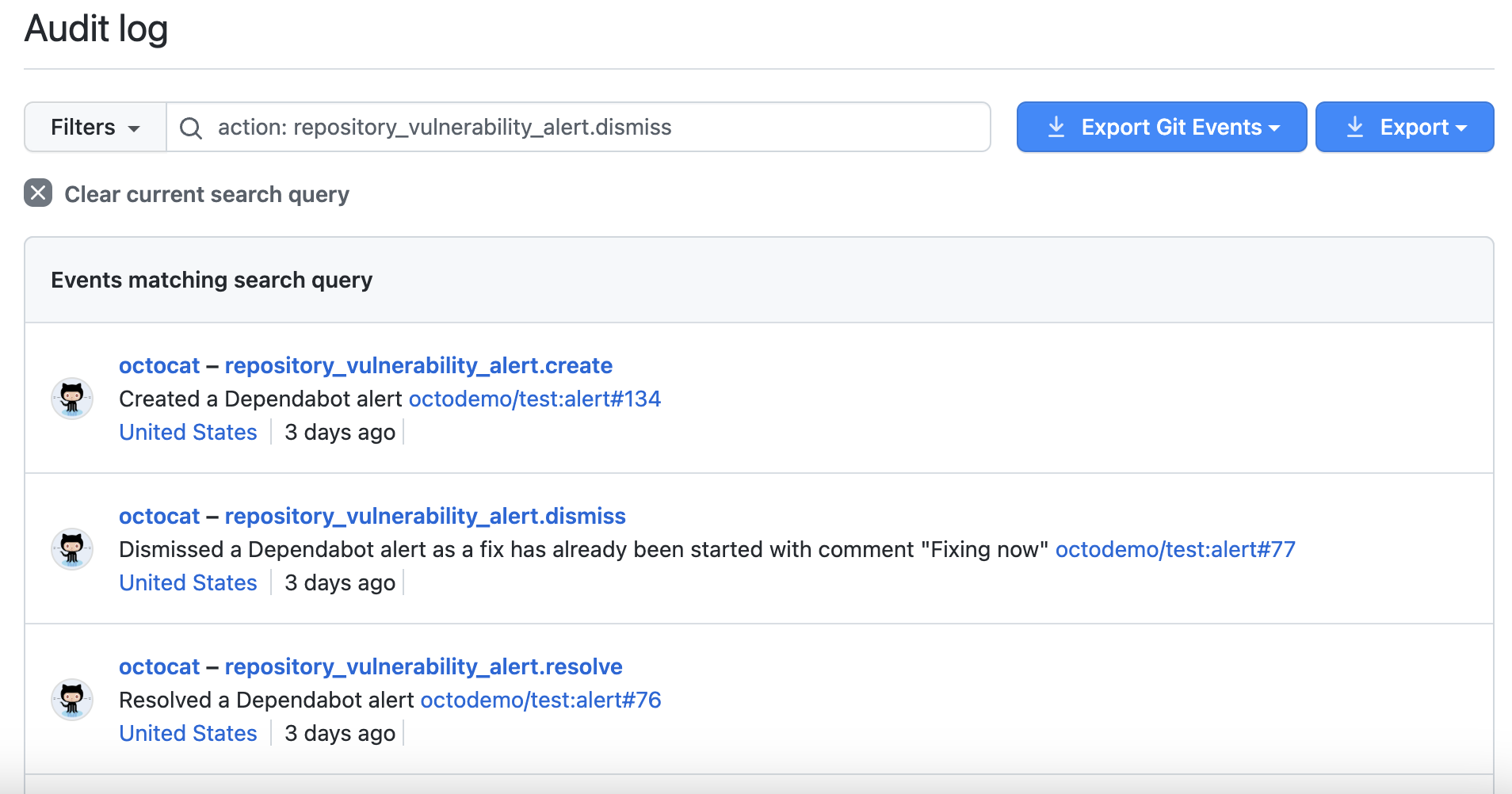 Screenshot of the audit log showing Dependabot alerts