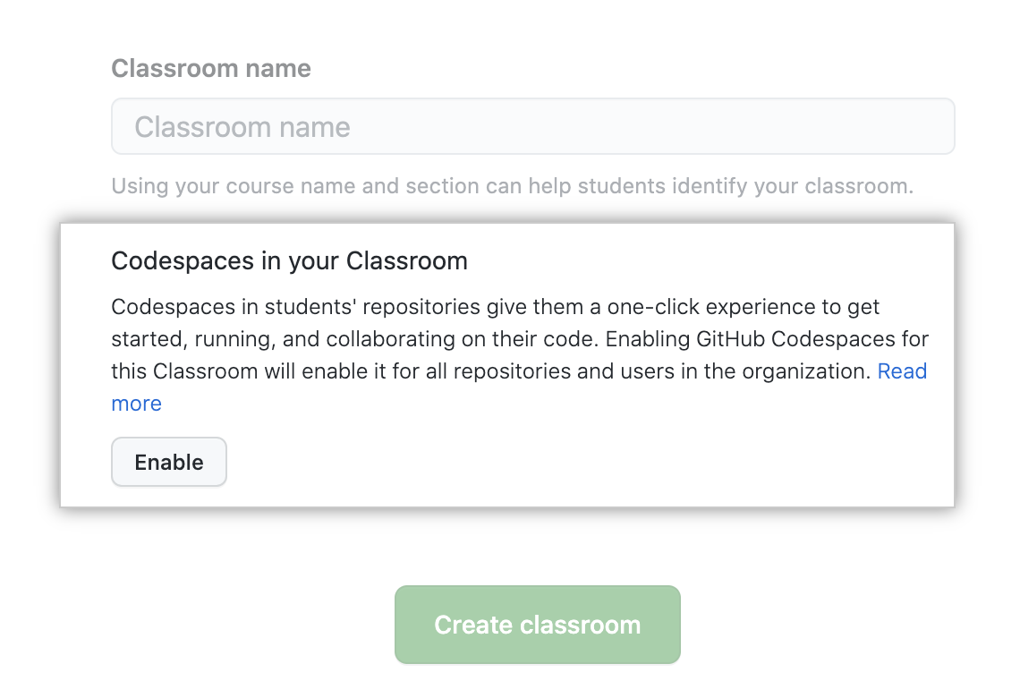 Enable Codespaces for org in "Setup classroom basics" page