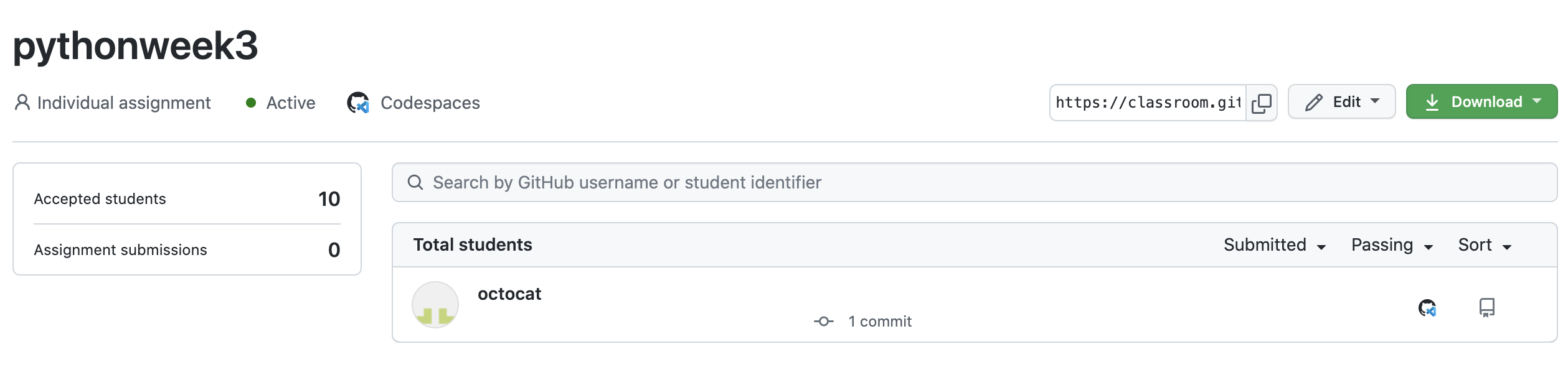 Teacher assignment overview with student's codespaces