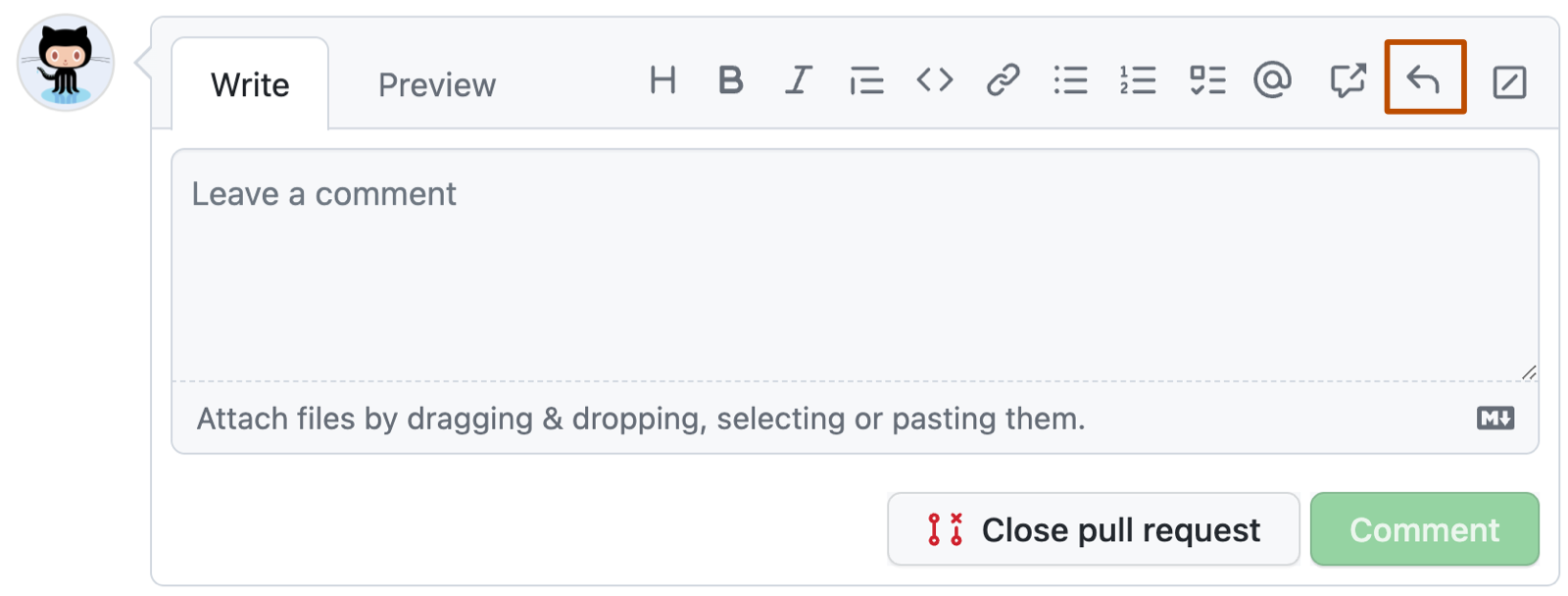 GitHub 주석 상자의 스크린샷 도구 모음에서 왼쪽 곡선 화살표가 있는 회신 단추가 진한 주황색으로 윤곽선으로 표시됩니다.