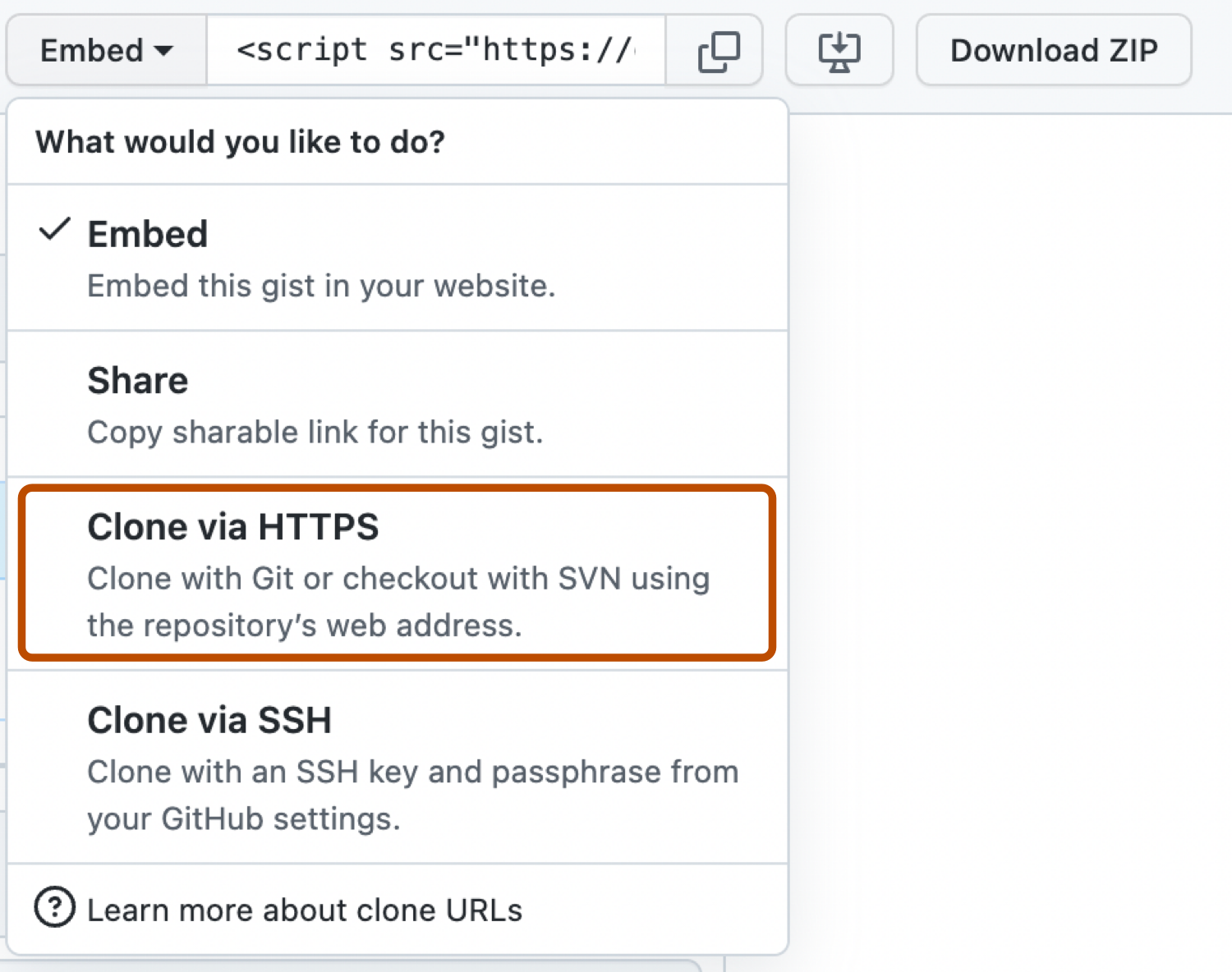 GitHub Gist의 "포함" 드롭다운 메뉴 스크린샷 드롭다운이 확장되고 "HTTPS를 통해 복제"라는 레이블이 지정된 옵션이 진한 주황색으로 표시됩니다.