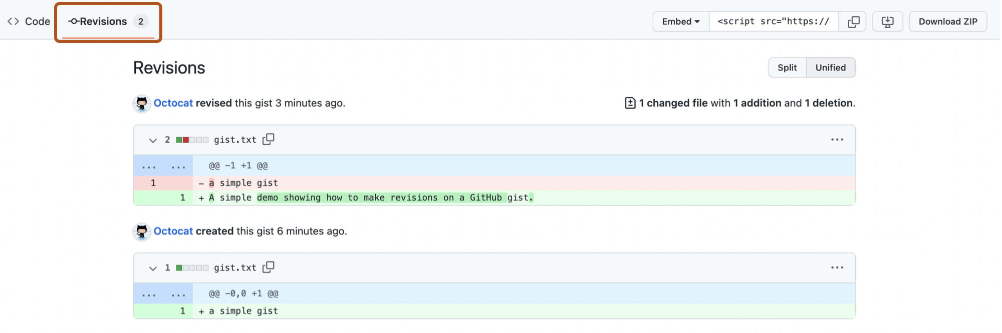 GitHub Gist의 "수정 버전" 페이지 스크린샷 "수정 버전"이라는 레이블이 지정된 탭은 진한 주황색으로 표시됩니다.