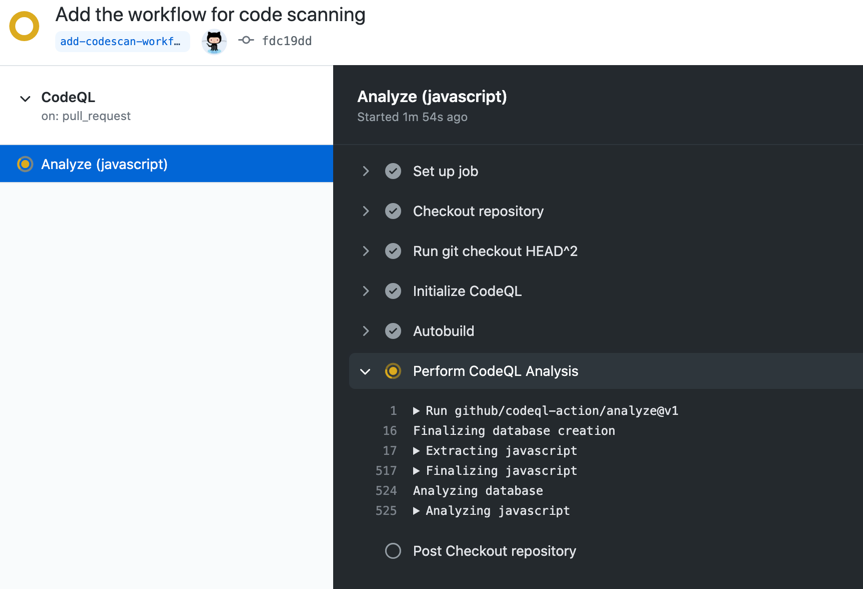 Sortie du journal du workflow d’code scanning