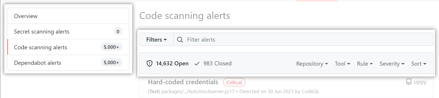 Capture d’écran de la page des alertes d’code scanning sous l’onglet « Sécurité ». Les fonctionnalités à part les filtres, les menus déroulants et la barre latérale sont grisées.
