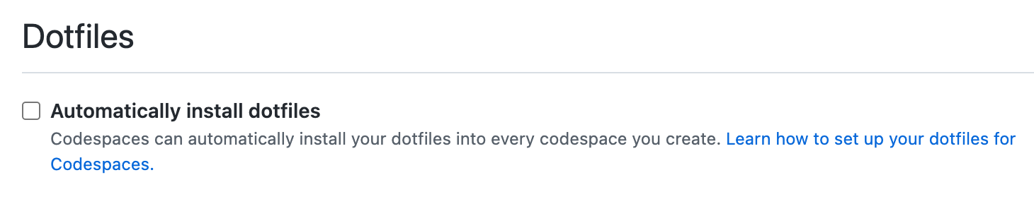 Снимок экрана: раздел "Файлы точек" параметров codespace с снятой опцией "Автоматическая установка файлов точек".