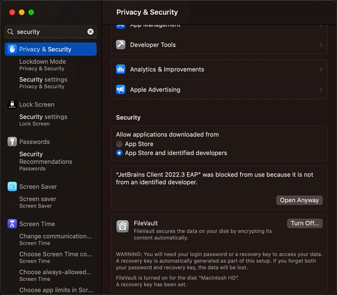 Capture d’écran de la boîte de dialogue « Confidentialité et sécurité » MacOS, avec un message de sécurité au-dessus du client JetBrains et du bouton « Ouvrir quand même ».