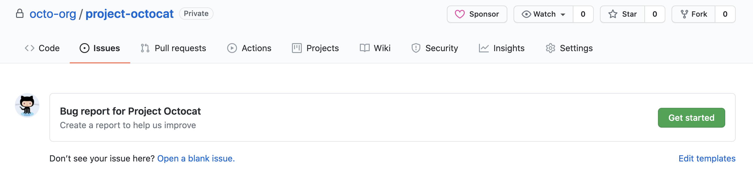 Снимок экрана: страница "Новая проблема" для octo-org/project-octocat с возможностью использования шаблона "Отчет об ошибках для Project Octocat".