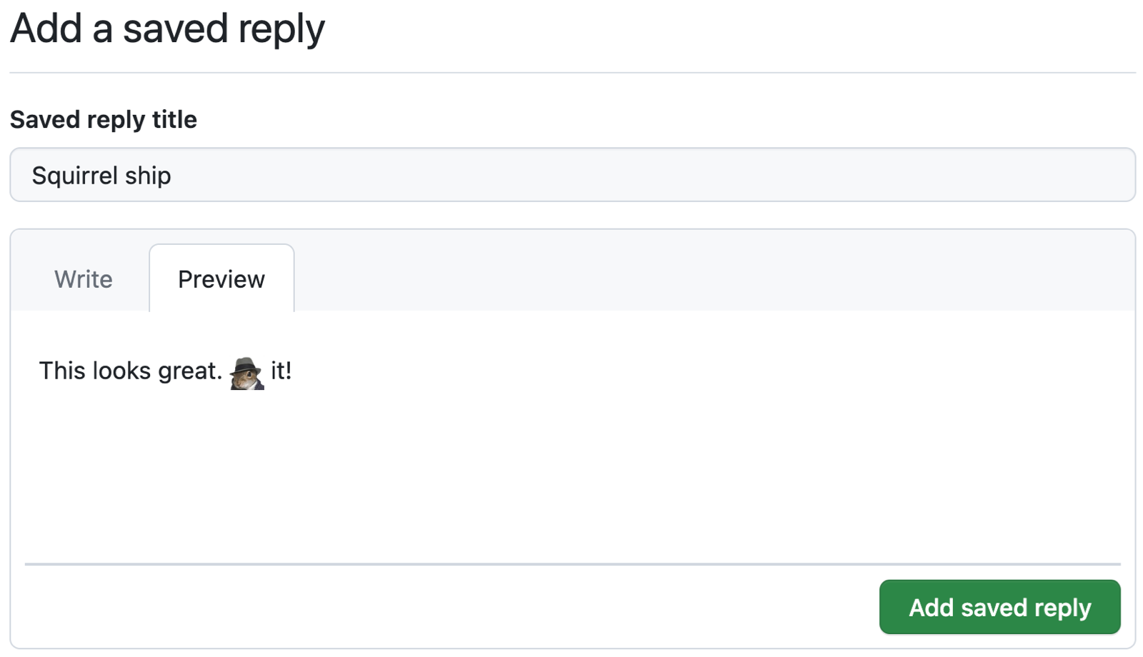 Снимок экрана: сохраненный в GitHub ответ под названием "Беличья корабль", на котором отображается отрисованный Markdown в поле "Предварительный просмотр". В тексте говорится: "Это выглядит отлично. :shipit: it!"
