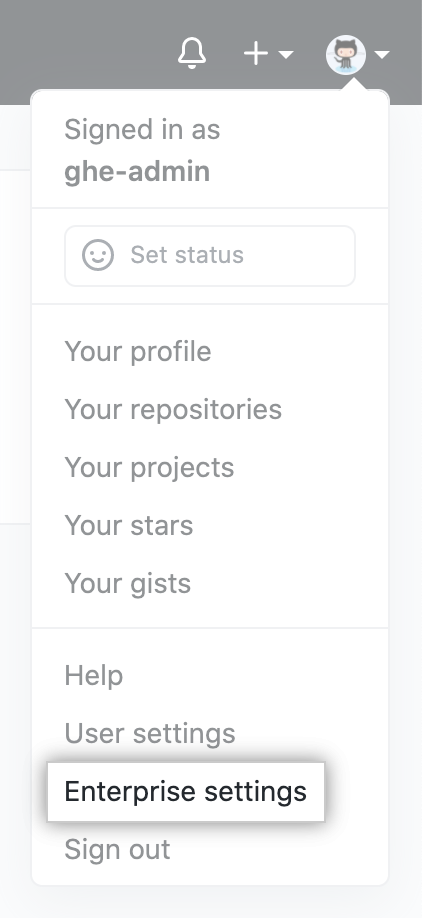 "Enterprise settings" in drop-down menu for profile photo on GitHub AE